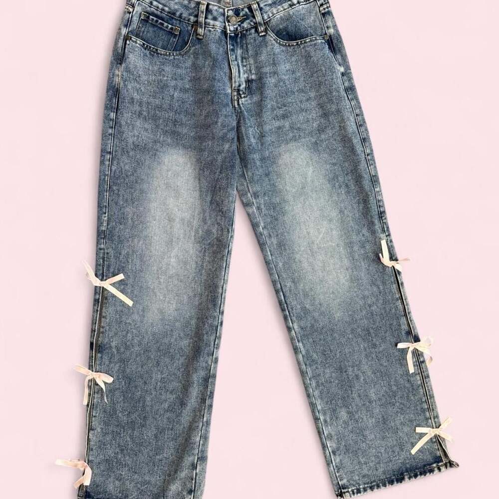 Rise Supply Co. Wide Leg Denim Jeans with Pink Bow Detail